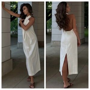 Zara Linen Brent Halter Midi Dress White